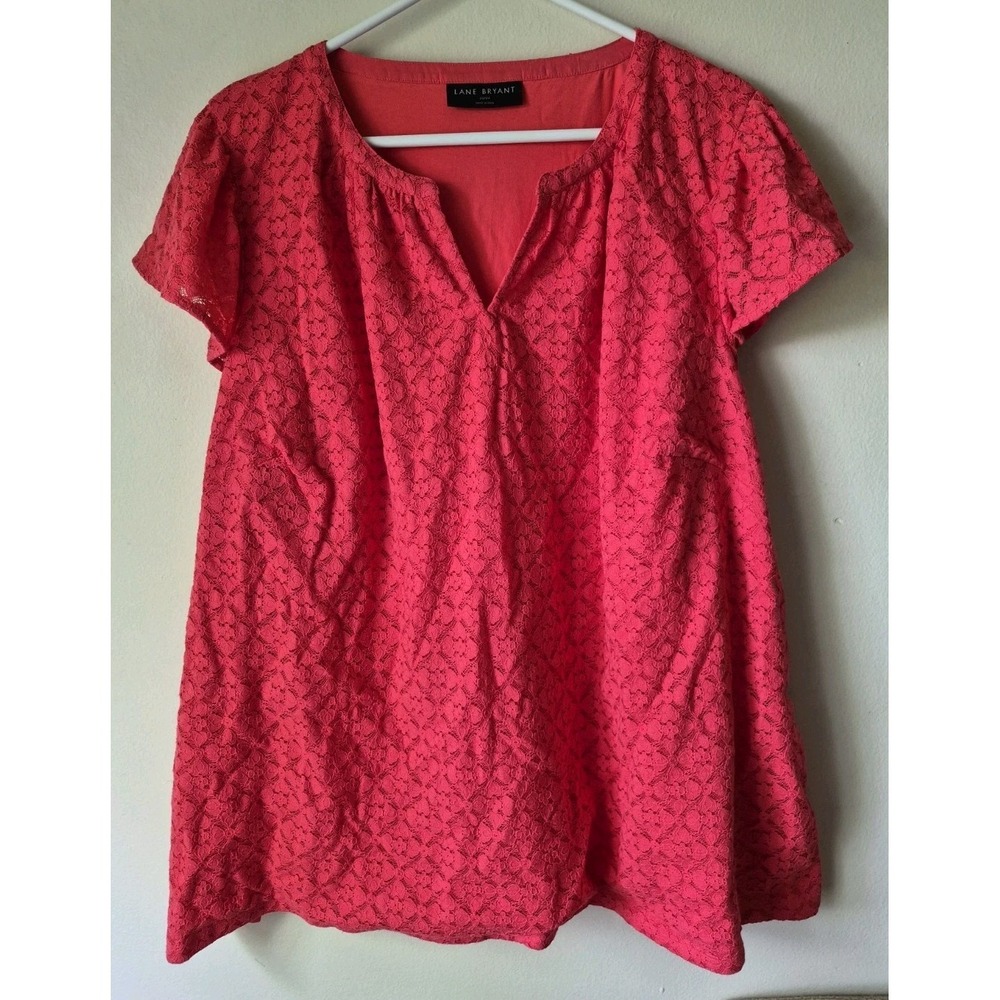 Lane Bryant Women's Short Sleeve Crochet Front Floral Top Coral Size 22/24